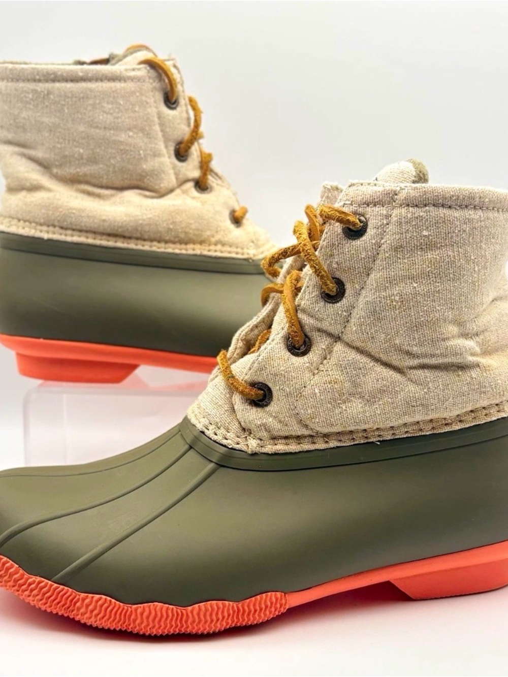 Sperry Olive Green Rubber & Coral Sole Canvas Duck Boots